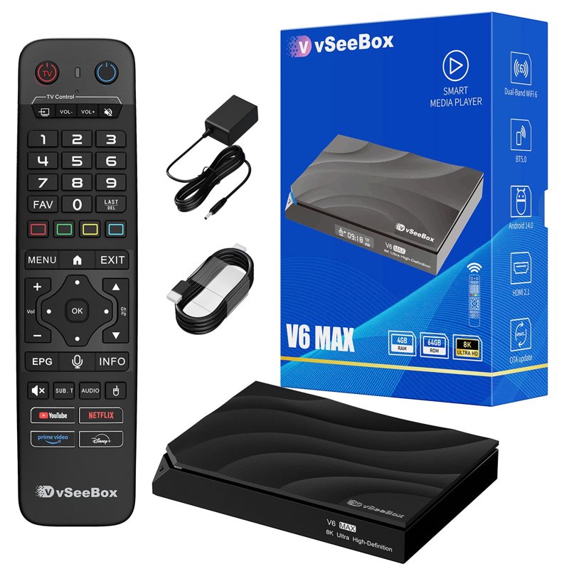Vseebox V6 Max Version Voice Control, 8K HDMI, Android 14, 4GB RAM, 64GB Storage